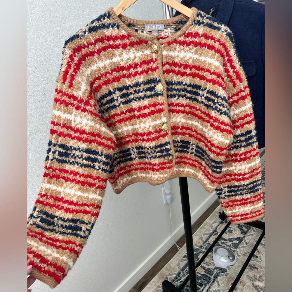 J. Crew Striped Fuzzy Cropped Cardigan in Red, Navy & Tan